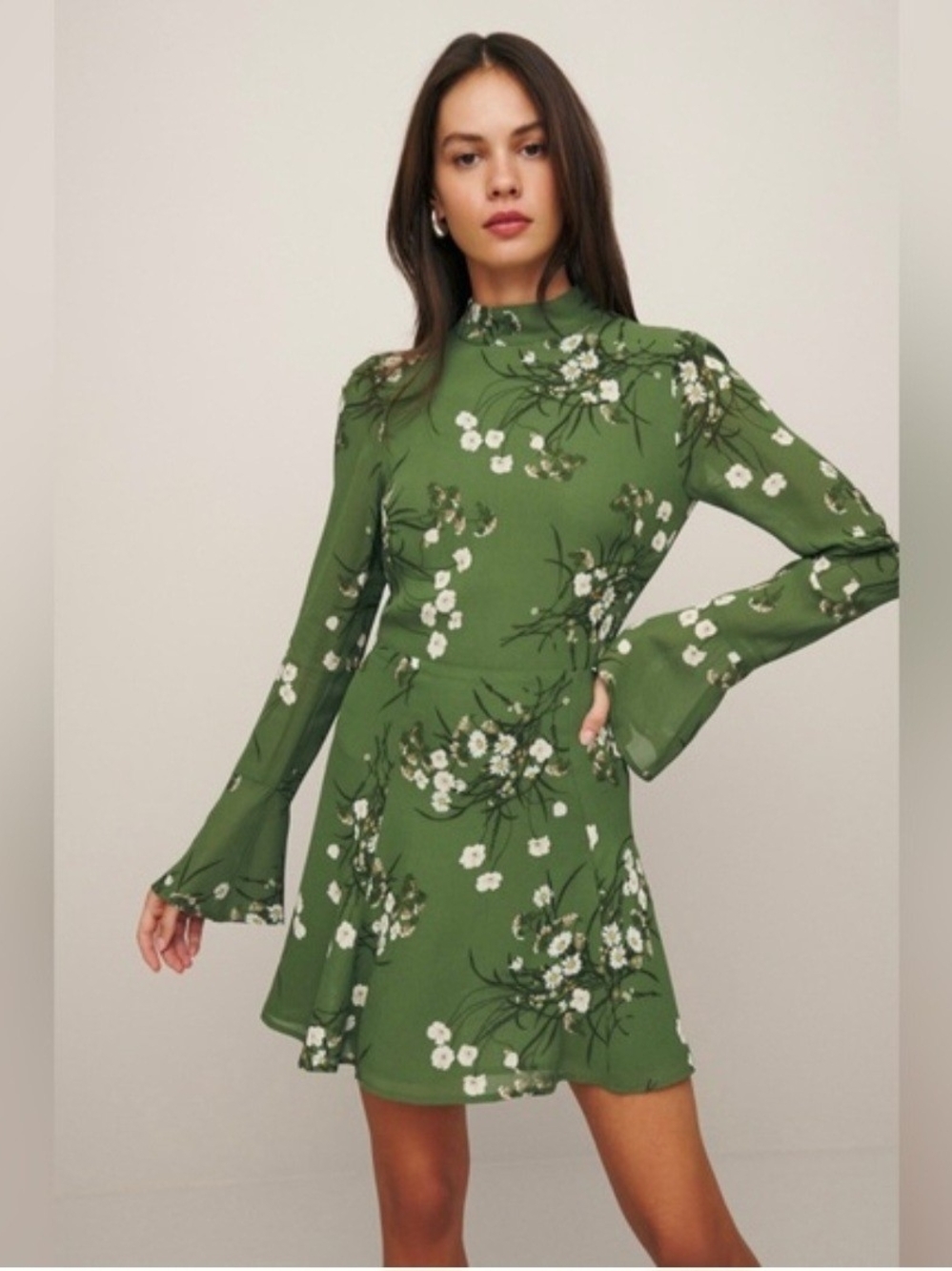 Reformation Olive Green Floral Long-Sleeve Mini Dress